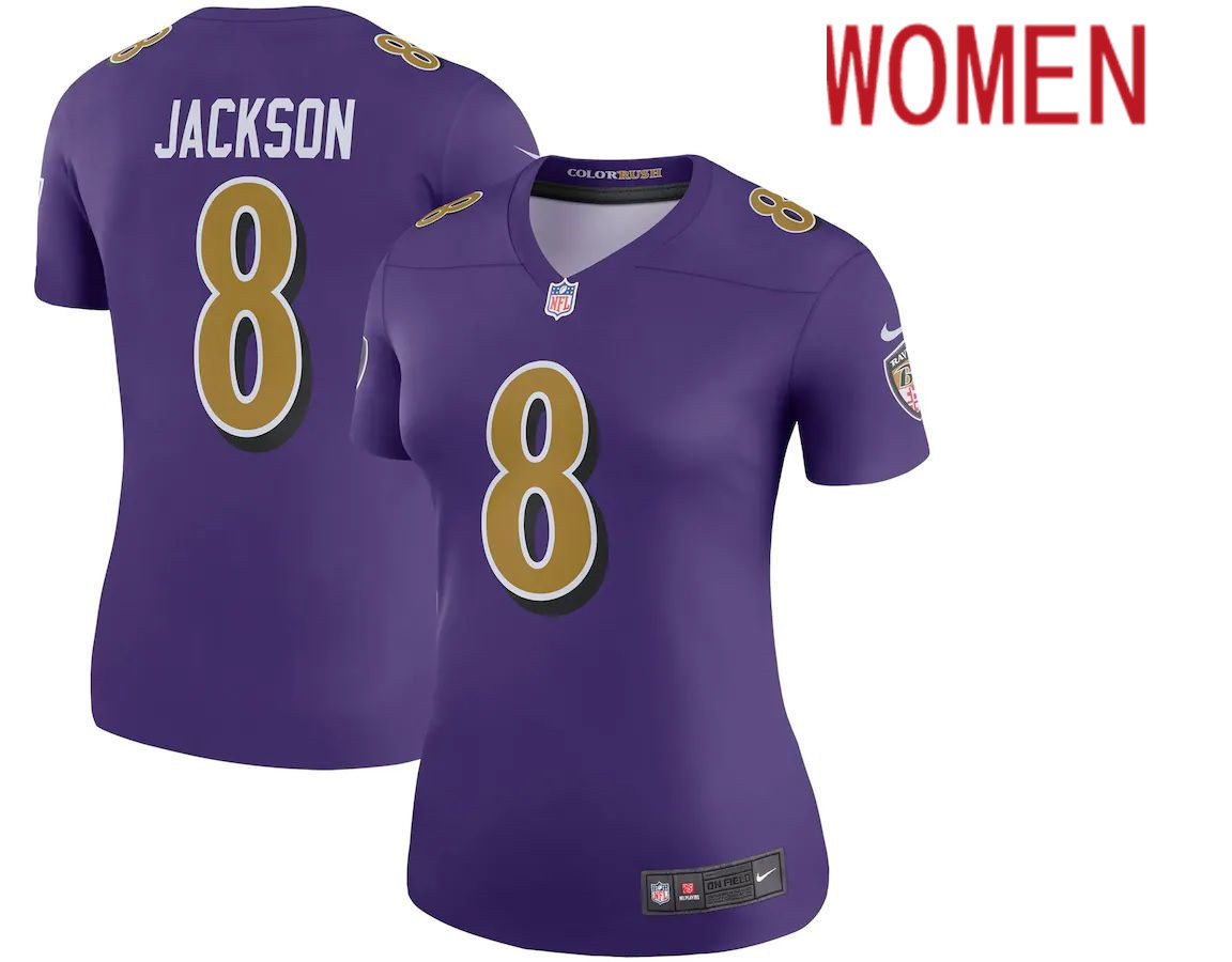 Women Baltimore Ravens #8 Lamar Jackson Nike Purple Color Rush Legend Player NFL Jersey->women nfl jersey->Women Jersey